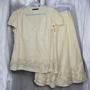 Lafayette 148‎ New York Linen Skirt Set Leaf Embroidery Women's Size 14 Yellow